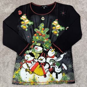 B.L.E.U. Black Christmas Snowman Band  Sequin Top Size XL 3/4 Sleeve Grandma